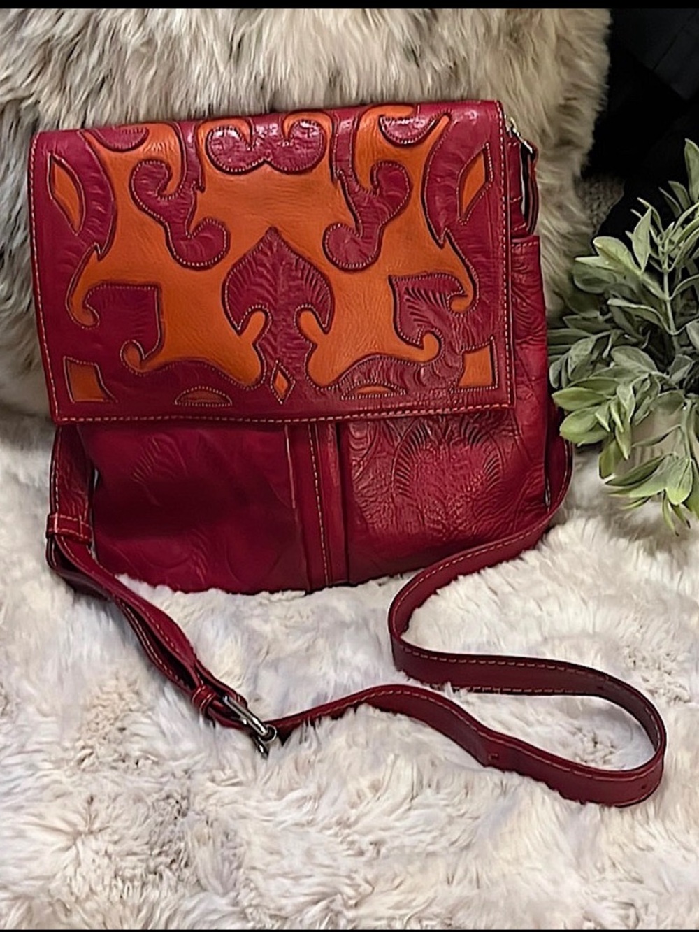 JL Saldivar Dark Red Burnt Orange Embossed Tooled Leather Crossbody Shoulder Bag
